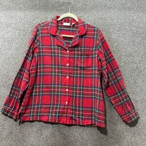 LL Bean Flannel Pajama Top Women Medium Petite Red Scotch Plaid Bytton Up Lounge